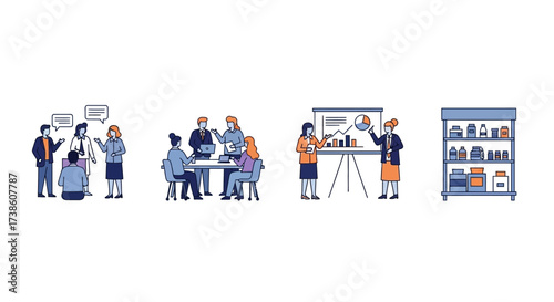 Illustrations depict teamwork brainstorming collaborative meetings data analysis presentation and product shelving showcasing business operations and strategies