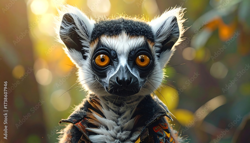Obraz premium Portrait of a ring-tailed primate with striking orange eyes and a colorful vest, bathed in golden sunlight within a lush, blurred jungle setting