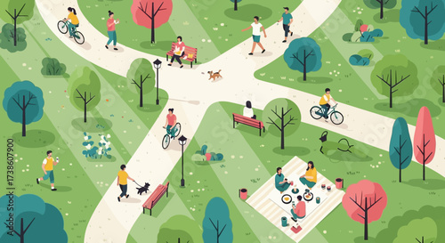 A Vibrant Park Scene Showcasing Diverse Outdoor Recreational Activities and Community Engagement on a Sunny Day