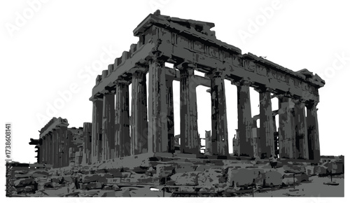 Illustration of the Parthenon isolated on white background, an ancient Greek temple on the acropolis of Athens