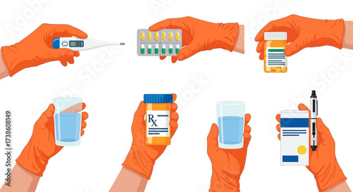 Healthcare professionals hands wearing orange gloves holding various medical items for patient care and treatment