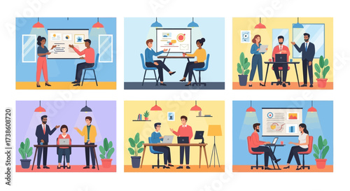 Diverse Teams Collaborating Effectively in Modern Office Environments Discussing Projects and Business Strategies