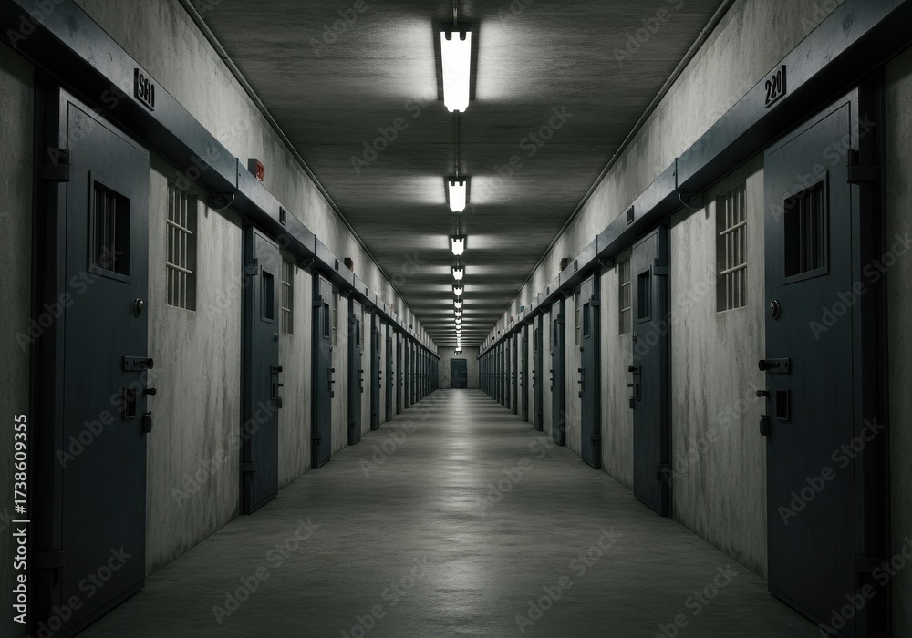 Obraz premium Long, dimly lit prison hallway with numerous cell doors on both sides stretching into the distance. Concept of incarceration and solitude for legal themes.