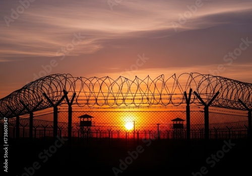 Silhouette of prison fence with barbed wire and watchtower at sunset, symbolizing confinement and freedom. Conceptual image for incarceration and security.