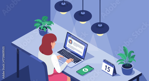 Young woman working remotely on her laptop at a desk in a cozy home office environment with plants and good lighting