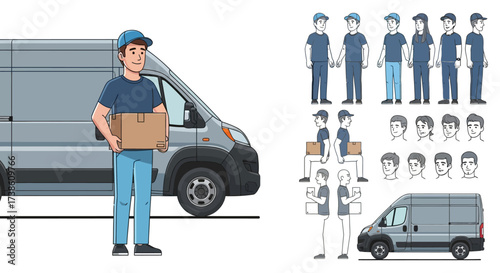 Delivery Person Holding Package Standing Next to Cargo Van With Companion Characters and Van Variations
