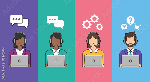 Professional Customer Service Representatives Providing Technical Support and Assistance to Clients Over the Phone and Online Through Laptops