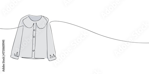 Minimal one line drawing of buttoned shirt with wide collar and long sleeves. Simple clothing illustration for fashion design, apparel, poster, banner, greeting card, and print.