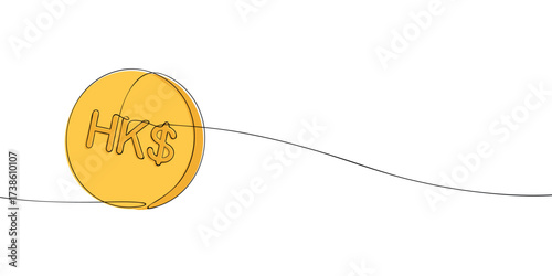 Minimal one line drawing of Hong Kong dollar symbol HK$ inside yellow coin. Simple currency illustration for finance, banking, investment, payment, poster, banner, card, and print.