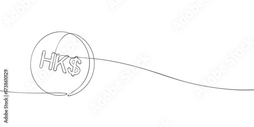 Continuous line drawing of a coin with Hong Kong dollar sign. Minimal vector outline illustration of HK$ currency, finance, banking, savings, economy, and money design template.