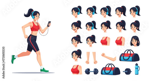 Animated Woman Exercising and Various Fitness Elements for Sports and Health Activities