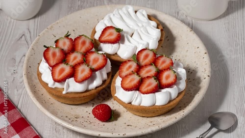 The cakes are decorated with strawberries. Stop motion.