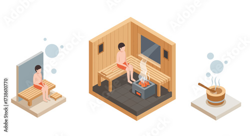 Isometric kitchen hoods in dark and light tones with steam effect