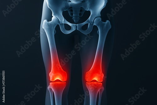Xray style medical anatomy illustration showing arthritis inflammation in knee joints with highlighted red pain areas