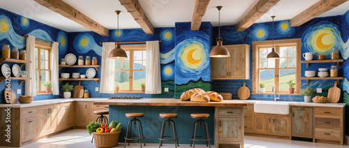 Starry night-inspired kitchen, warm and creative