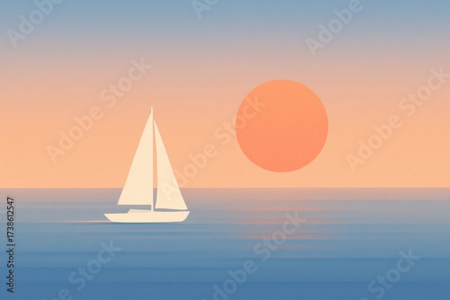 Minimalist pastel seascape with sailing boat on calm ocean at sunset, dreamy serene nature illustration in soft gradient tones. Illustration by Generative AI
