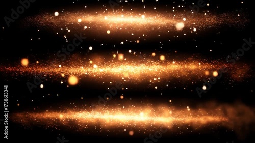 Three hazy golden bands with sparkly bokeh effect against a solid black background