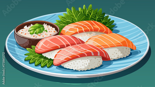 very beautiful Fresh raw mackerel and salmon nigiri sushi with rice and parsley are served on a white plate for a delicious Japanese meal.