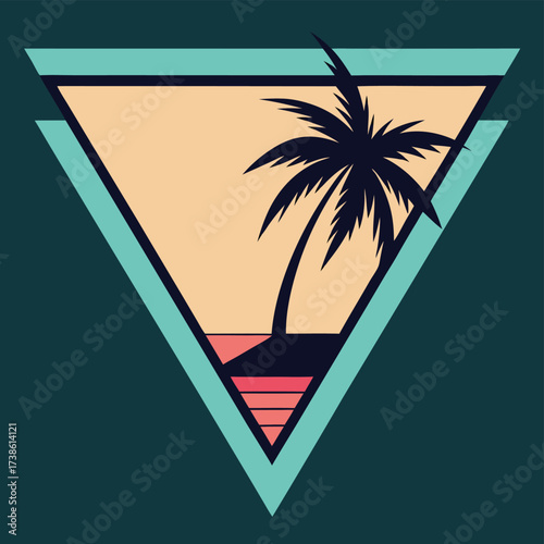 Stylized geometric design featuring a palm tree, ocean, and sunset within a triangle frame