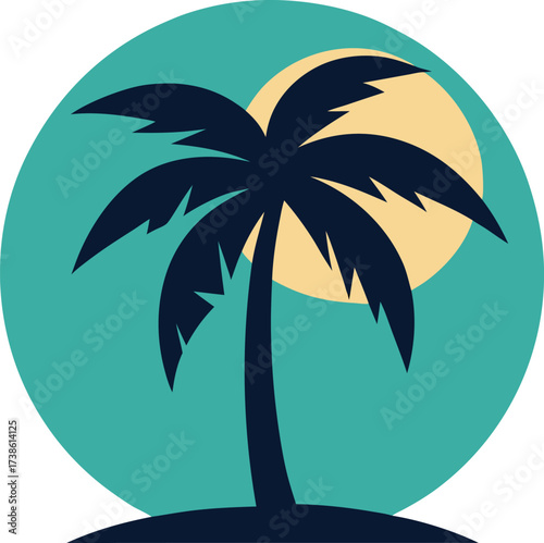 Silhouette of a palm tree against a yellow sun and teal circle background, representing a tropical sunset