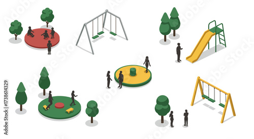 Isometric winter fun: kids building snow forts and playing with snowballs in…