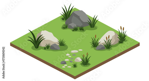 Isometric winter elements: snow fort, trees, snowballs, and winter clothing