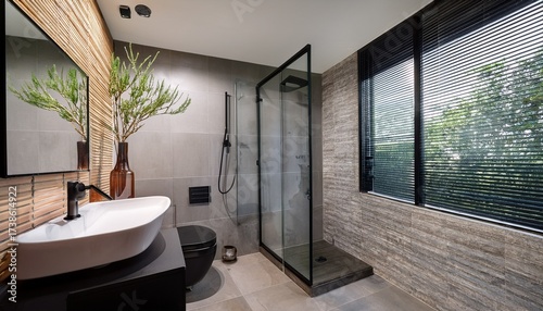 modern bathroom interior featuring glass shower enclosure wall mounted black toilet rectangular mirror minimalist sink with accessories decorative branches tiled walls