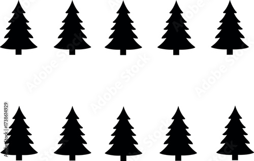 Black silhouette pine tree pattern in two rows, forest symmetry design for nature backgrounds, minimalist evergreen vector illustration art