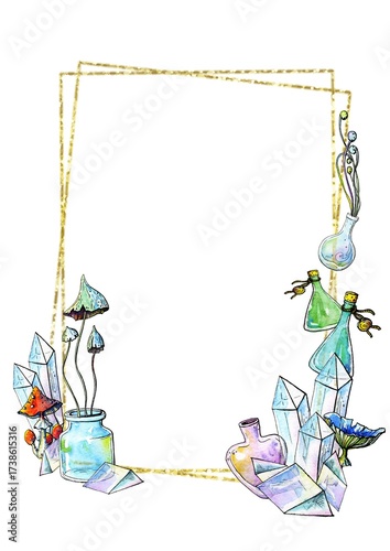 Whimsical watercolor frame with golden borders,magic potion bottles, crystals, and mushrooms. Vertical mystical background for invitations, book covers, and social media.
