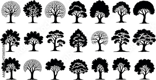Collection of 20 black tree silhouette vector icons with diverse shapes, branching styles, and canopy structures for design and decoration