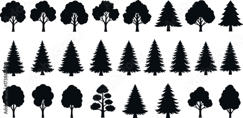 Collection of 25 black tree silhouette icons featuring coniferous and broadleaf species for landscape, nature, botany, and design themes
