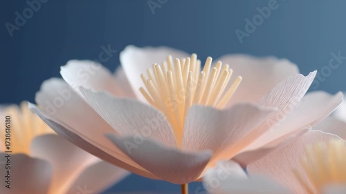 A close up of a white paper flower with textured petals. A handmade craft object against a blue background. Abstract animation of a blooming blossom
