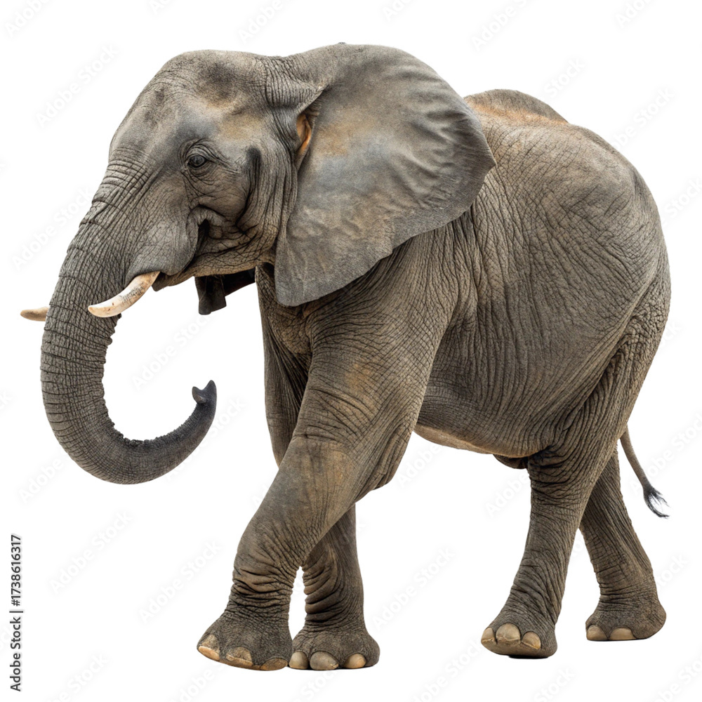 Fototapeta premium Majestic African elephant walks with grace, showcasing its powerful presence and iconic tusks in a striking profile view. 