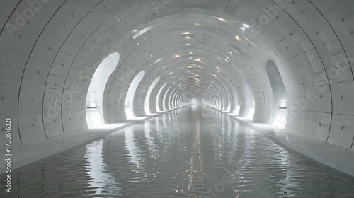 Empty, flooded futuristic tunnel interior, light reflections, minimal design, potentially for concept art