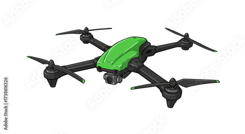 Green drone with camera in detailed cartoon style on white background