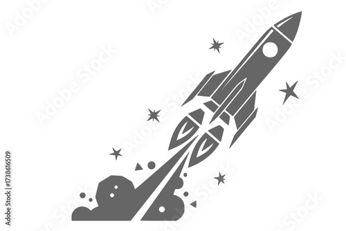 Black Vector Silhouette: Retro-Futuristic Rocket Launch (Abstract)	