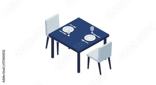 Isometric dining table with chairs and tableware on white background