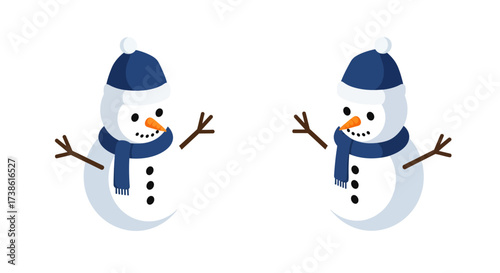Two smiling snowmen in blue hats and scarves on white background
