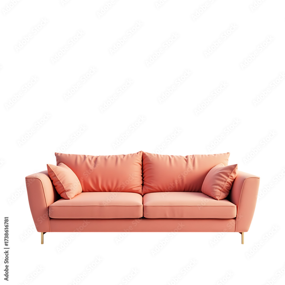 Fototapeta premium Modern peach velvet sofa with plush cushions isolated on transparent background