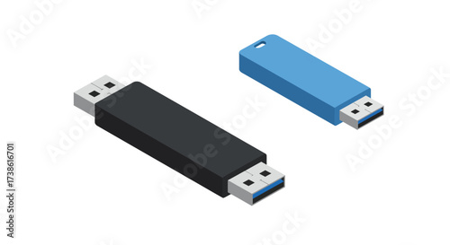 Isometric usb flash drives in black and blue on white background