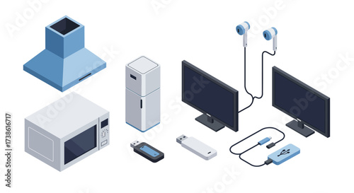 Isometric electronics and home appliances set: modern essential gadgets colle…