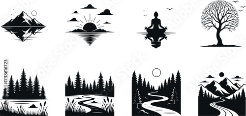 Minimalist nature landscape silhouettes with mountains, trees, rivers, meditation, sunrise, forest scenes, birds, and peaceful black-and-white vector art