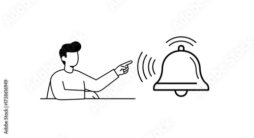 Minimalist line art: man pointing at ringing bell icon in black and white