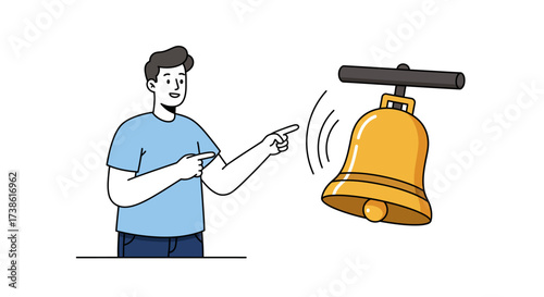 Man in blue t-shirt pointing at a ringing bell in cartoon style