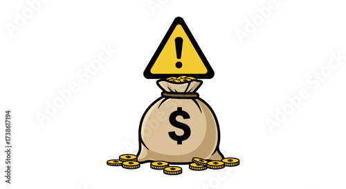 Money bag with dollar sign and warning symbol on white background