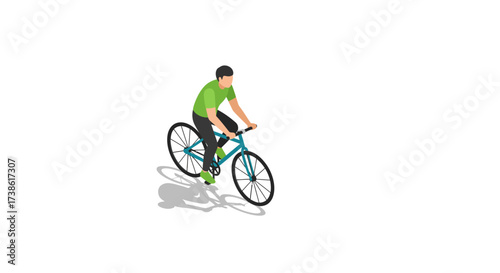Isometric cycling person on bicycle with shadow