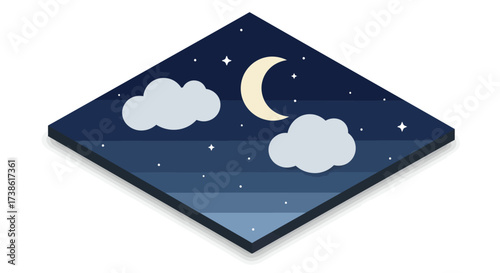 Isometric night sky with clouds and crescent moon on dark background