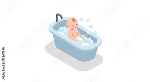 Adorable baby bathing in tub with bubbles in isometric style