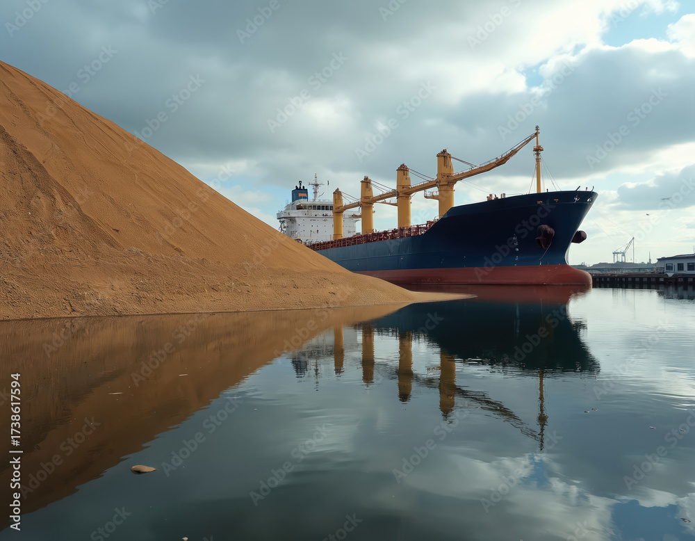 Fototapeta premium Large cargo ship docks at port, unloading granular material next to a massive sand pile. Calm water reflects cloudy sky and industrial machinery.