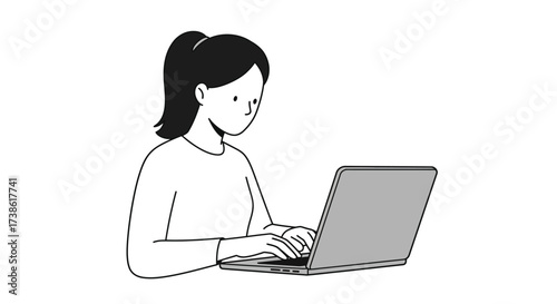 Monochrome woman working on laptop in minimalist style